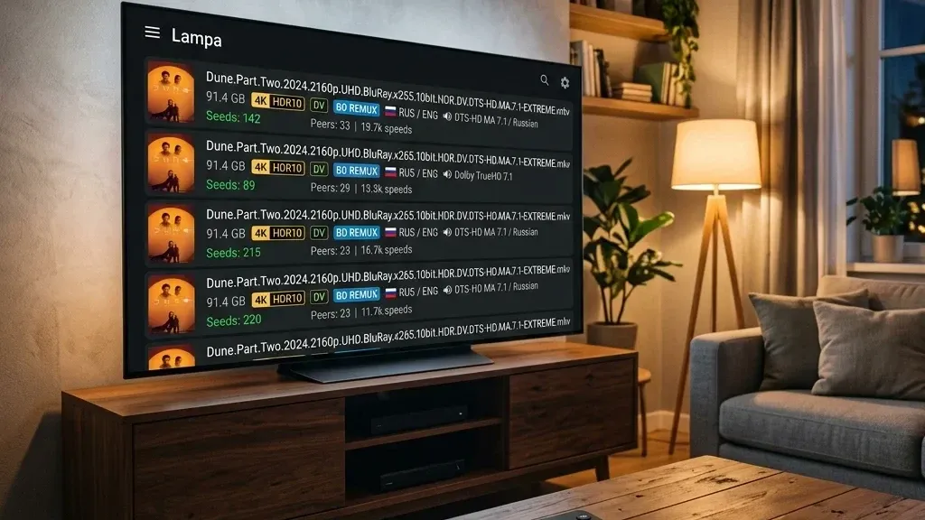 Телевизор с приложением Lampa, отображающий найденные торрент-раздачи в 4K Remux с высокими скоростями