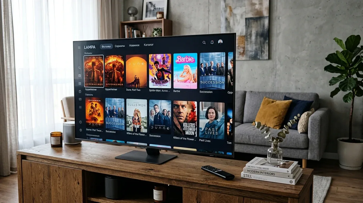 Главное меню онлайн-кинотеатра Lampa на экране телевизора Samsung QLED в интерьере гостиной
