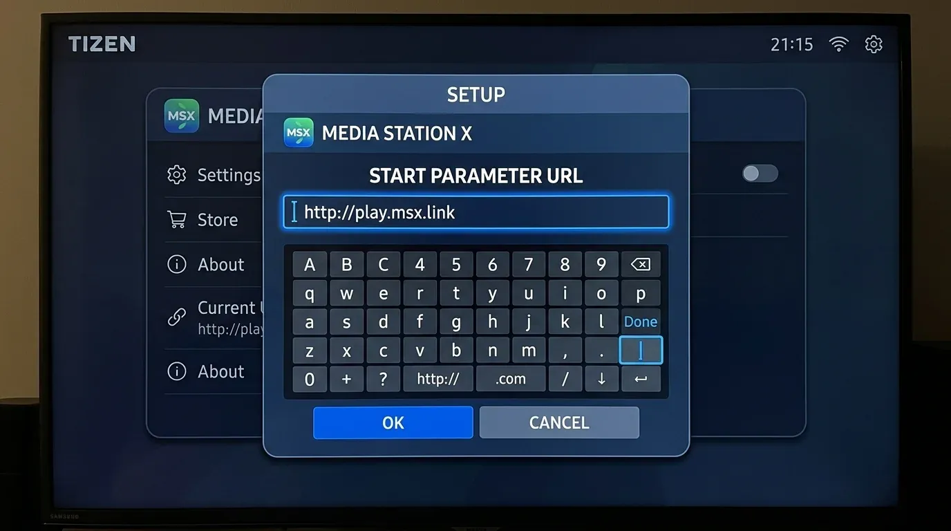 Диалоговое окно настройки стартового параметра Start Parameter URL в приложении Media Station X на Samsung Tizen