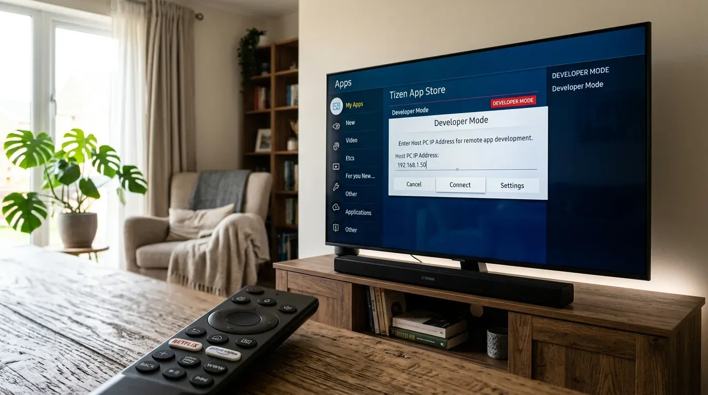 Окно активации Developer Mode на экране телевизора Samsung с вводом Host PC IP