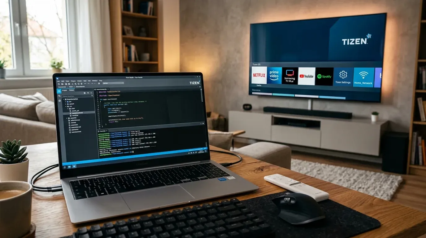 Ноутбук с открытой средой Tizen Studio на столе перед телевизором Samsung QLED в гостиной
