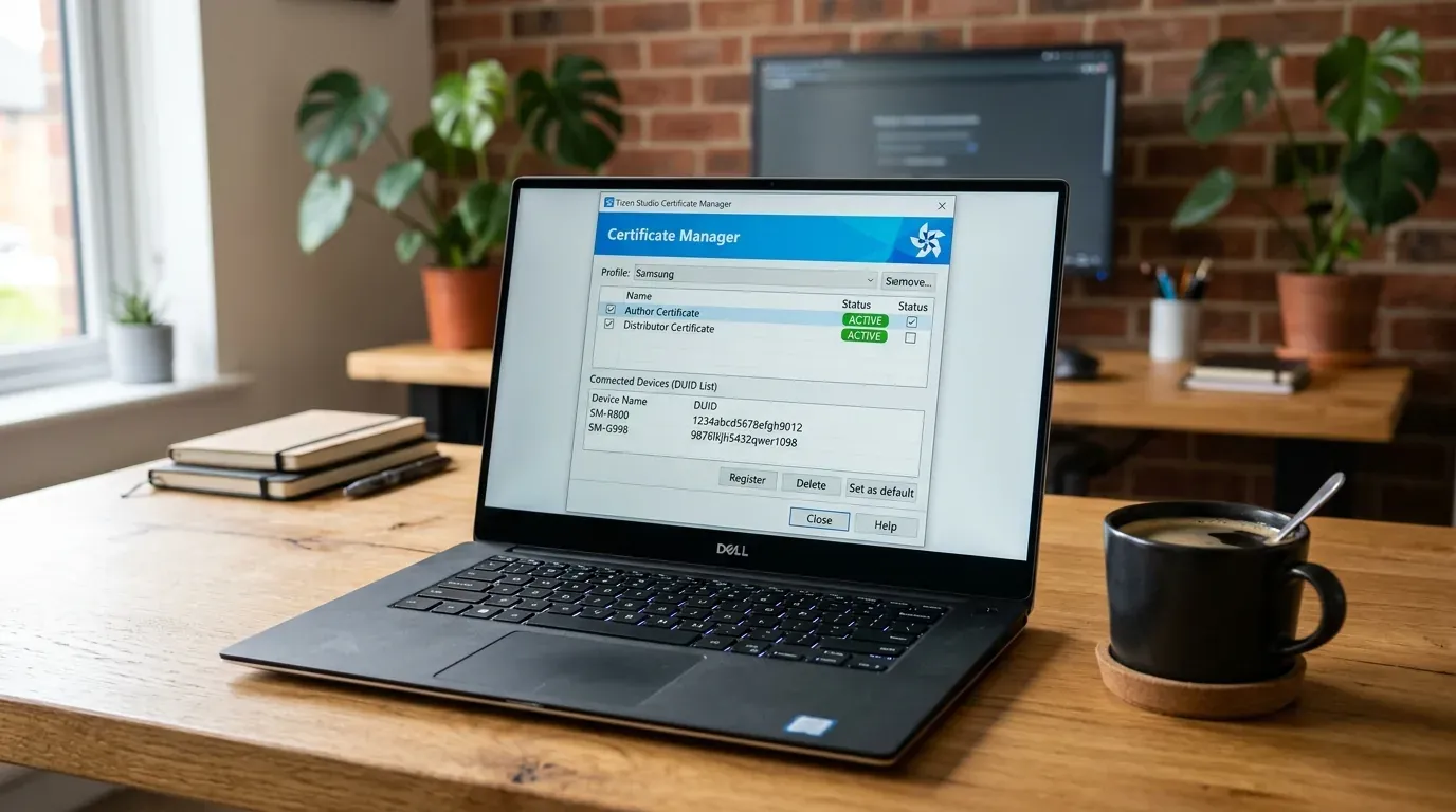 Окно Certificate Manager в Tizen Studio с активным профилем Samsung Certificate
