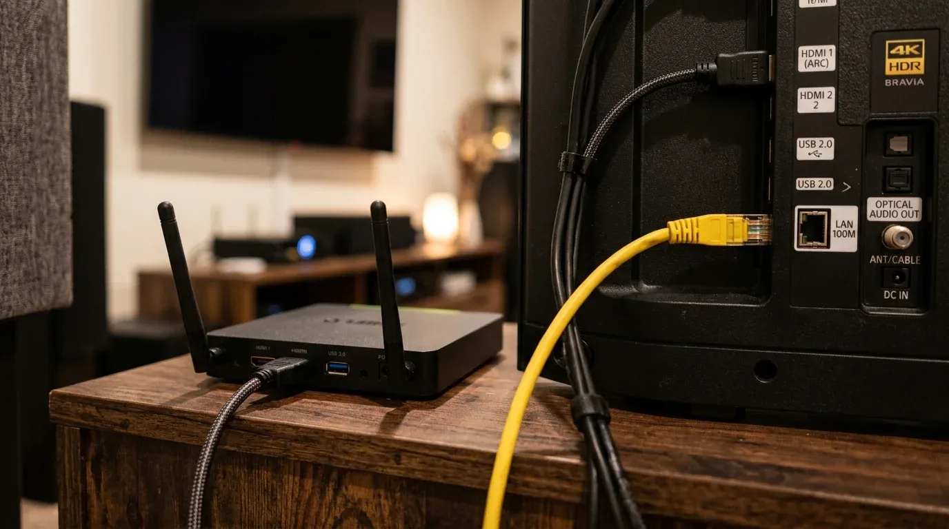 Подключение кабеля Ethernet в порт 100M LAN телевизора и ТВ-бокс с антеннами Wi-Fi 5 ГГц