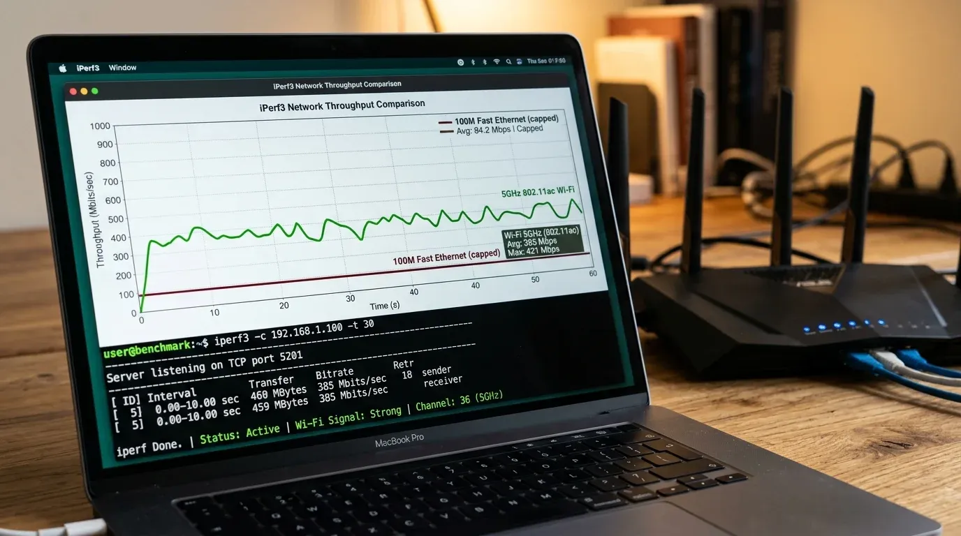 Сравнение скорости сети в iPerf3: полка 94 Мбит в секунду на кабеле 100M против 385 Мбит на Wi-Fi 5 ГГц