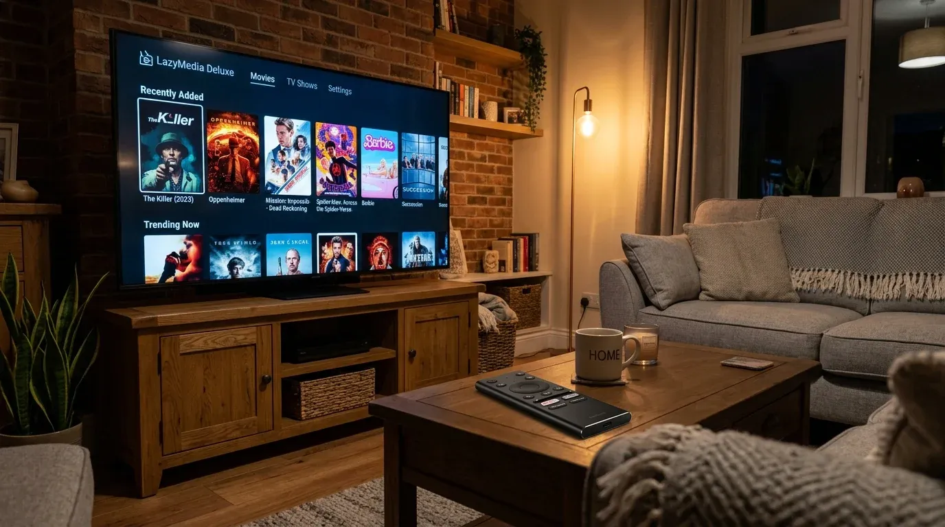 Интерфейс медиакаталога LazyMedia Deluxe с рядами постеров фильмов на экране 4K телевизора
