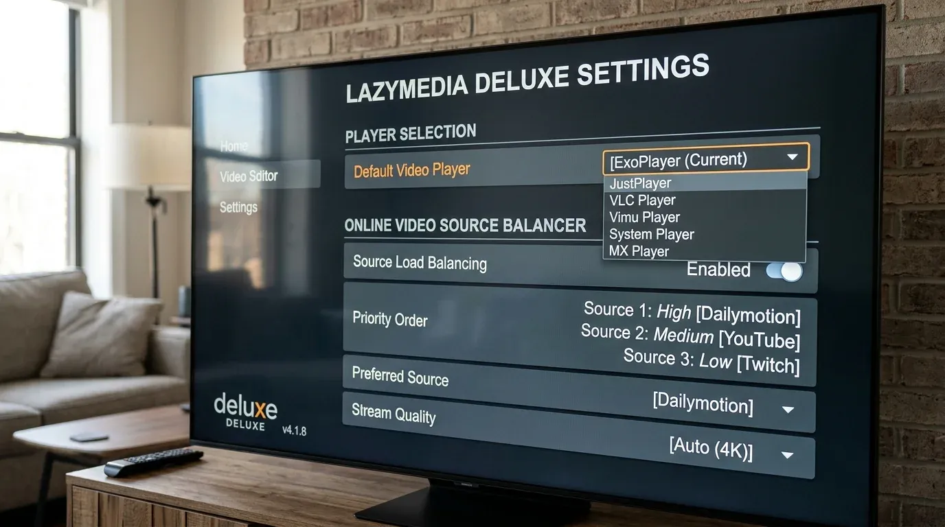 Экран телевизора с открытыми настройками LazyMedia Deluxe и выпадающим списком доступных плееров
