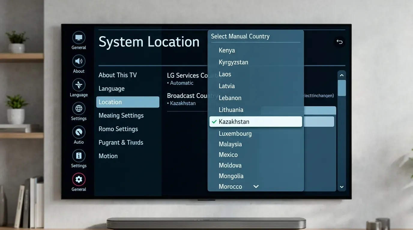 Выбор страны обслуживания Казахстан в настройках LG WebOS