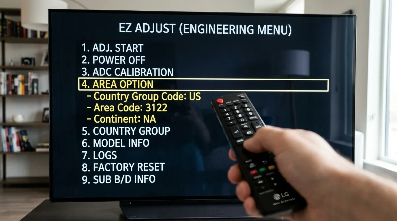 Инженерное меню EZ ADJUST на экране телевизора с выделенной строкой Area Option и параметром Area Code 3122