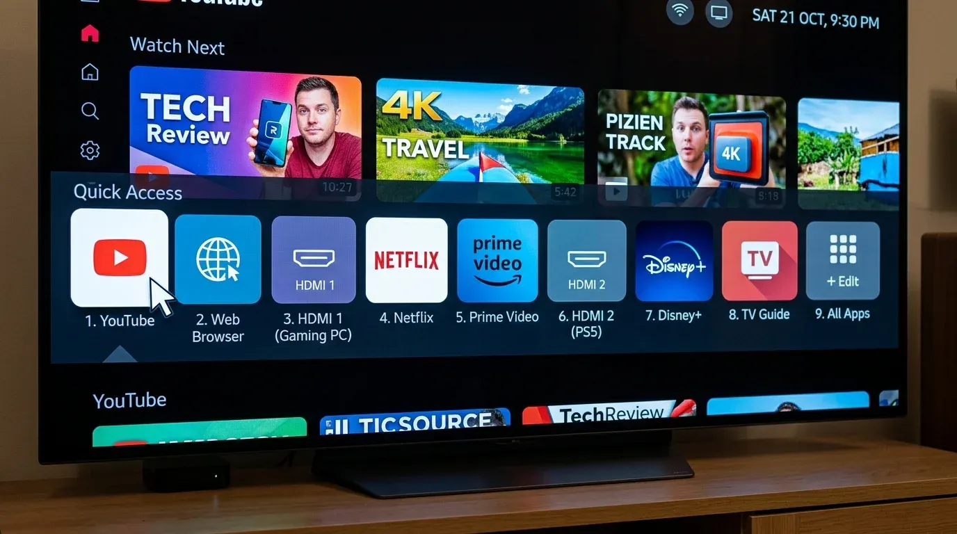 Экранное меню Quick Access на LG webOS с привязанными приложениями к кнопкам от одного до девяти