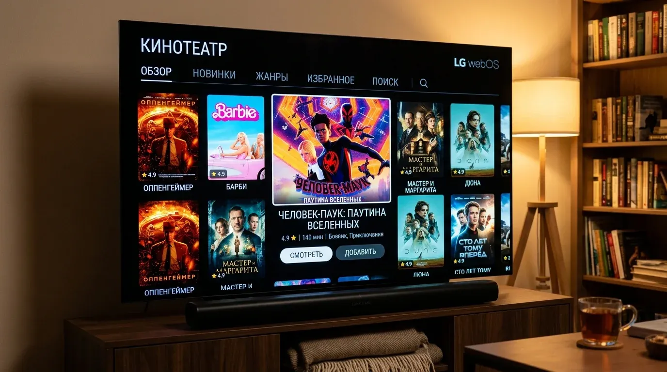 Интерфейс операционной системы WebOS на экране телевизора LG OLED в гостиной