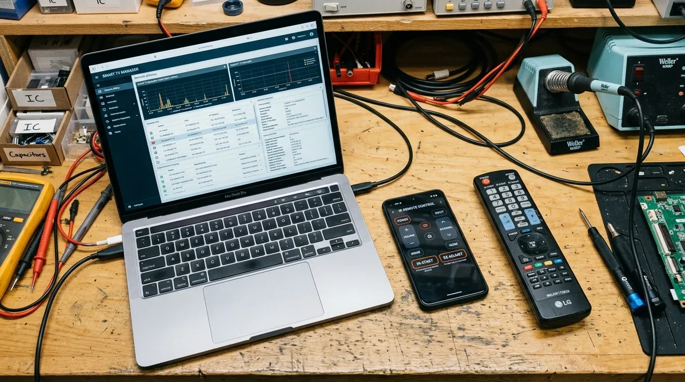 Рабочее место инженера: ноутбук с программой ColorControl, смартфон с ИК-портом и сервисный пульт LG MKJ39170828