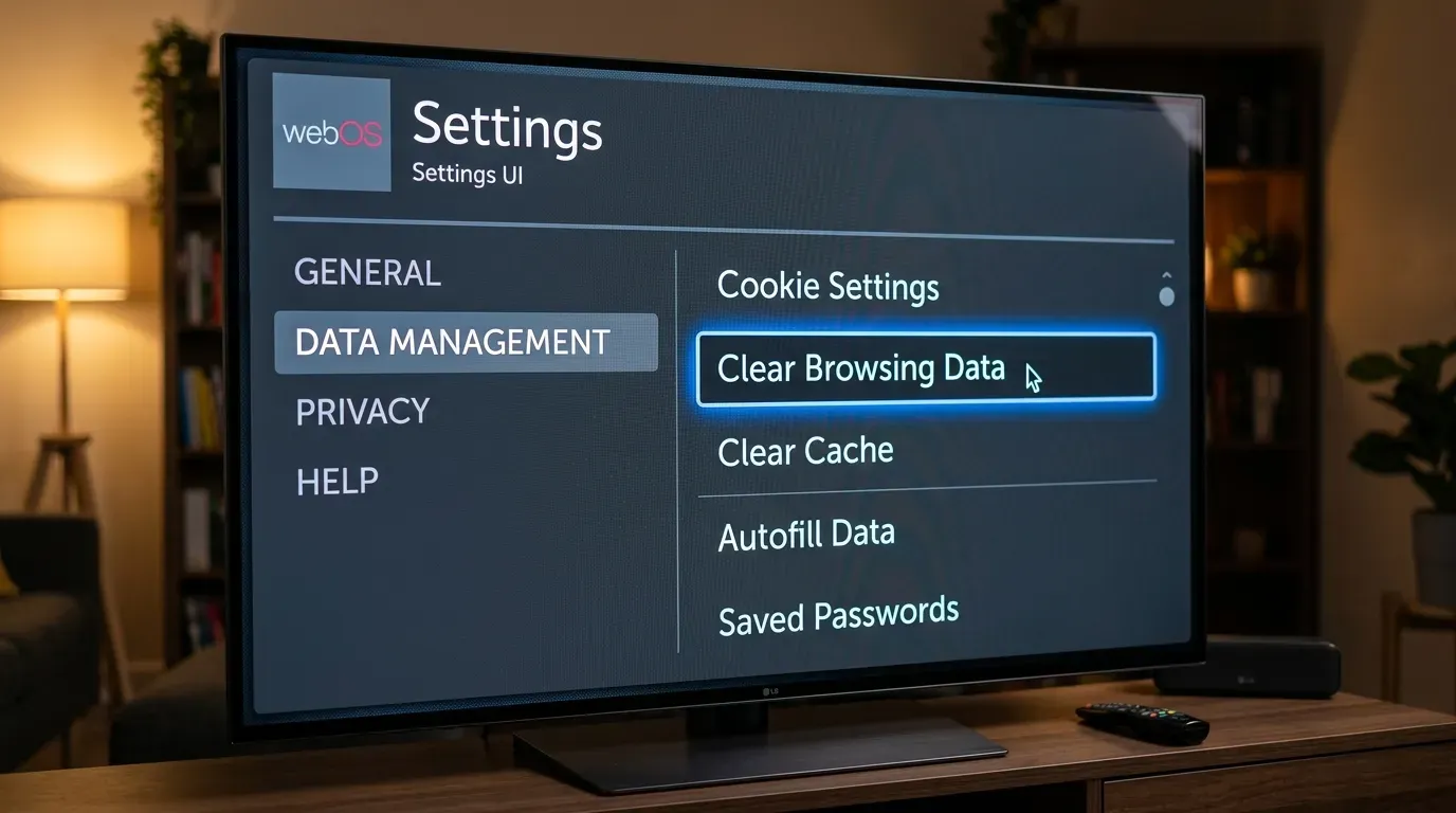 Меню настроек встроенного браузера LG webOS с пунктом очистки данных просмотра