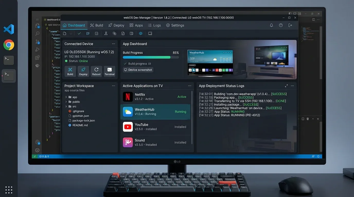 Интерфейс программы WebOS Dev Manager на компьютере с логами развертывания и списком установленного софта