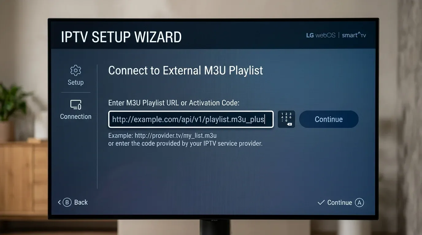 Интерфейс приложения SS IPTV на телевизоре LG с окном ввода URL адреса плейлиста