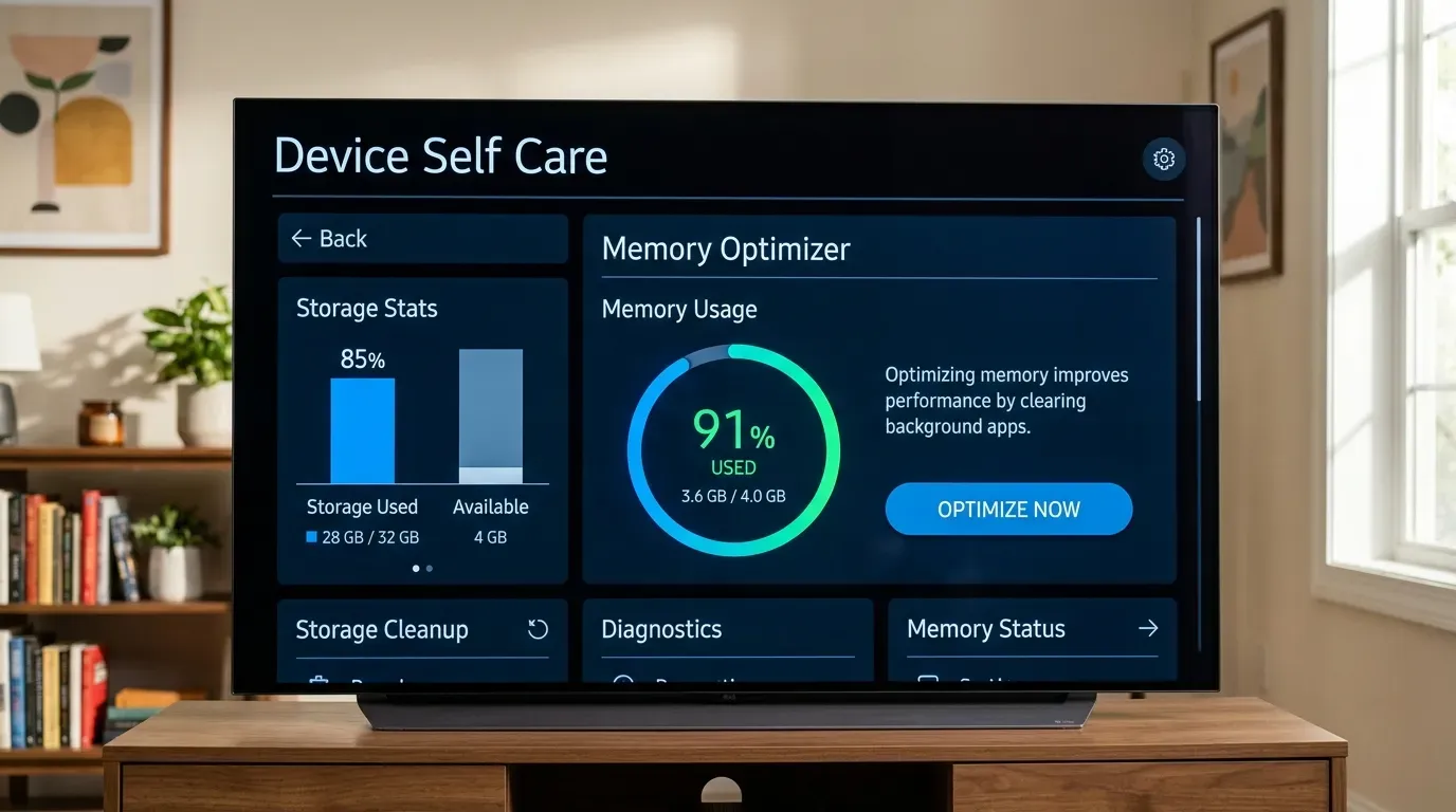 Экран телевизора LG с меню самодиагностики Device Self Care и утилитой оптимизации памяти
