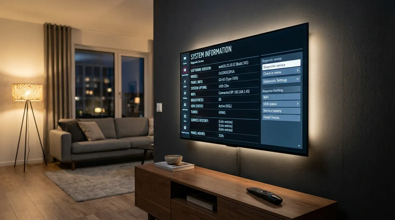 Тонкий OLED-телевизор LG на стене с открытым диагностическим сервисным меню на экране