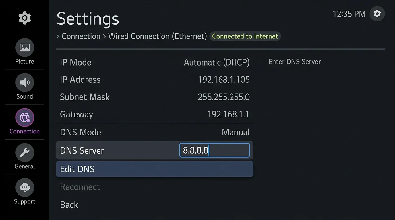 Настройки сети LG Smart TV с ручным изменением адреса DNS-сервера