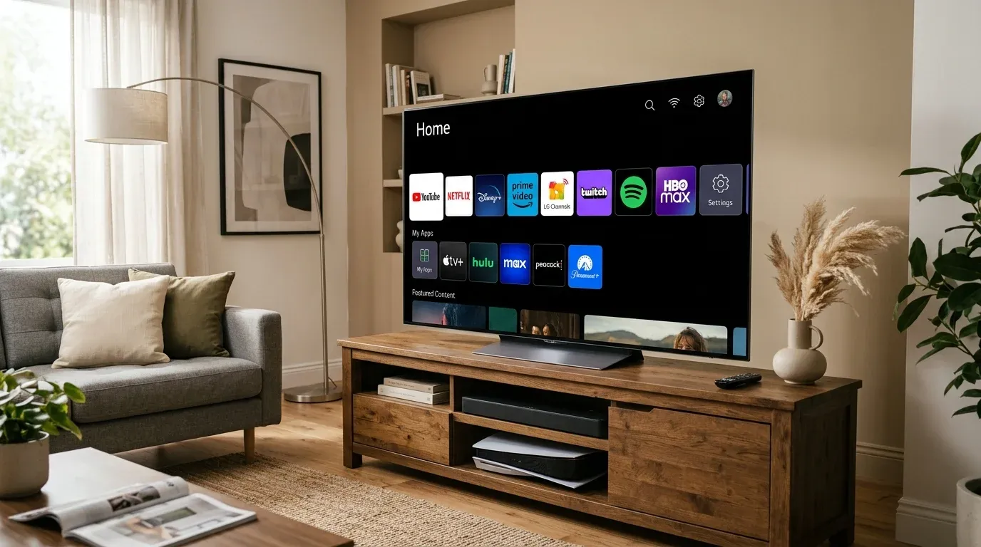 Телевизор LG OLED в гостиной, на экране которого открыт интерфейс системы webOS