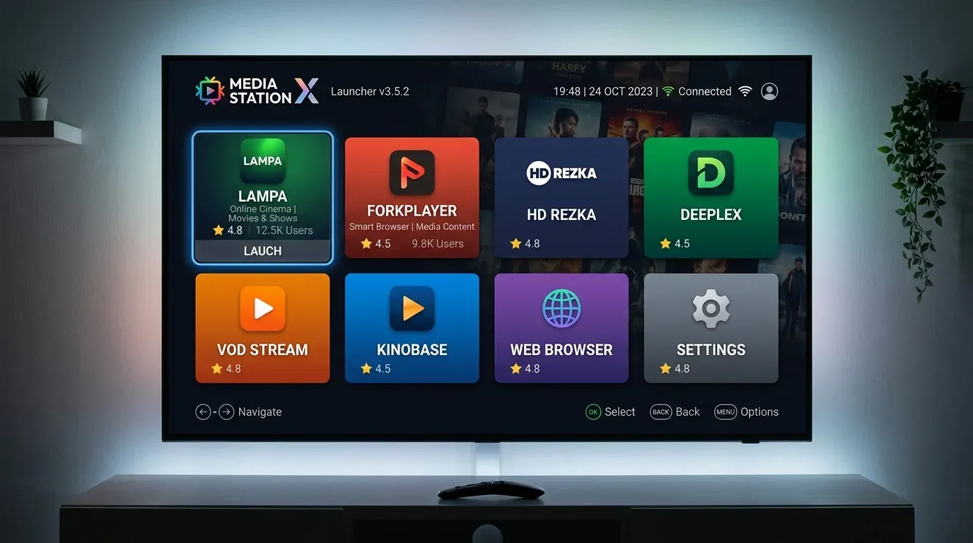 Приложение Media Station X на телевизоре со списком добавленных сторонних плиток приложений