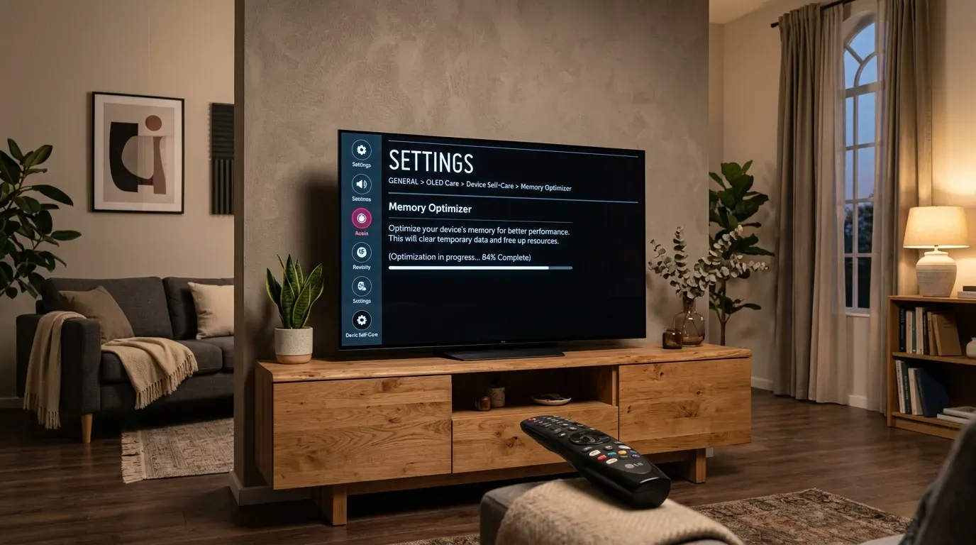 Современный телевизор LG OLED с пультом Magic Remote в гостиной на экране настроек оптимизации памяти