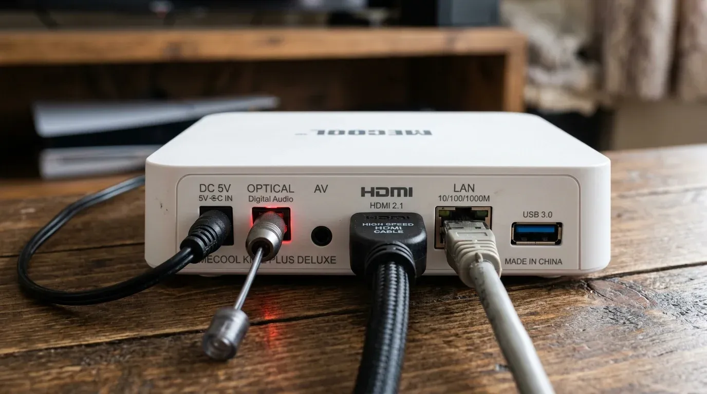 Вид сзади на порты HDMI, LAN, USB, Optical SPDIF и разъем питания приставки Mecool