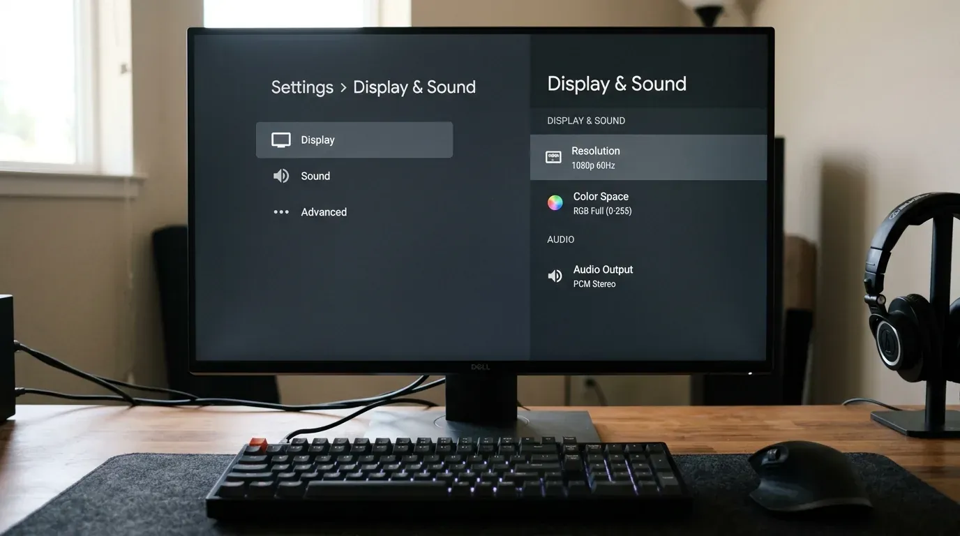 Экран настроек дисплея Android TV с установленным режимом RGB Full 0-255 и частотой 60 Гц
