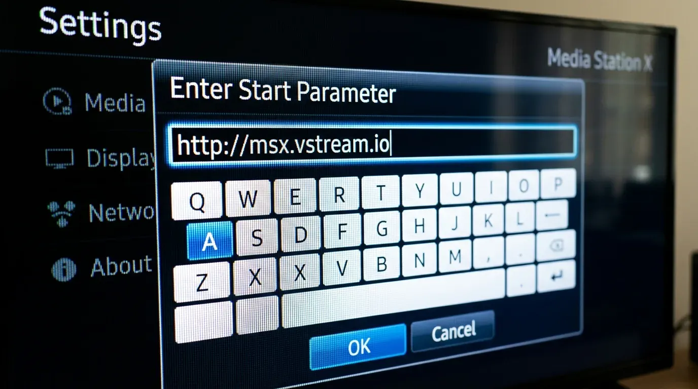 Меню настроек Media Station X на смарт-телевизоре с окном ввода параметра Start Parameter