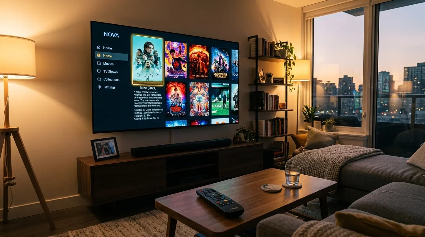 Витрина фильмов с русскими постерами и описаниями сюжета в интерфейсе Nova Video Player