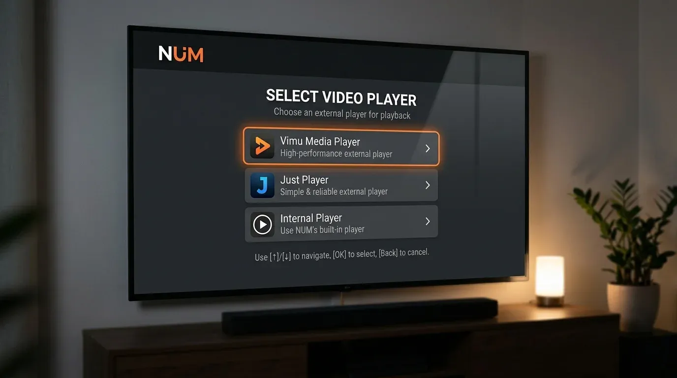 Интерфейс выбора внешнего видеоплеера Vimu и Just Player в настройках приложения NUM