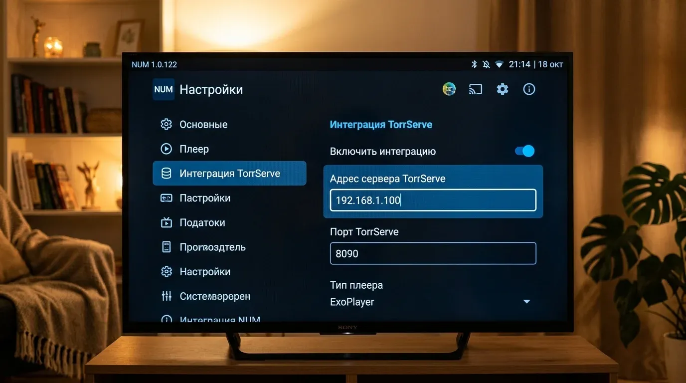 Меню настроек интеграции TorrServe внутри приложения NUM на телевизоре