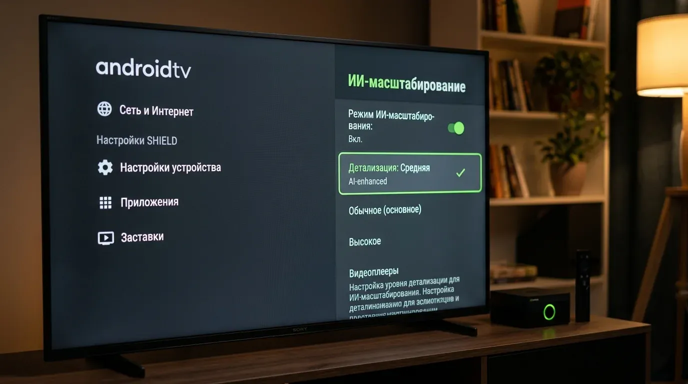 Настройки функции ИИ-масштабирования AI Upscaling на Nvidia Shield TV Pro
