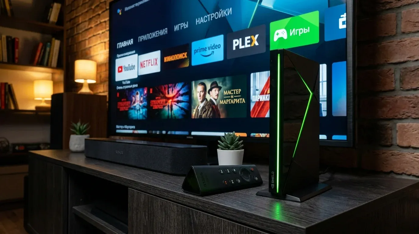 Медиаплеер Nvidia Shield TV Pro на телевизионной тумбе с зеленой подсветкой