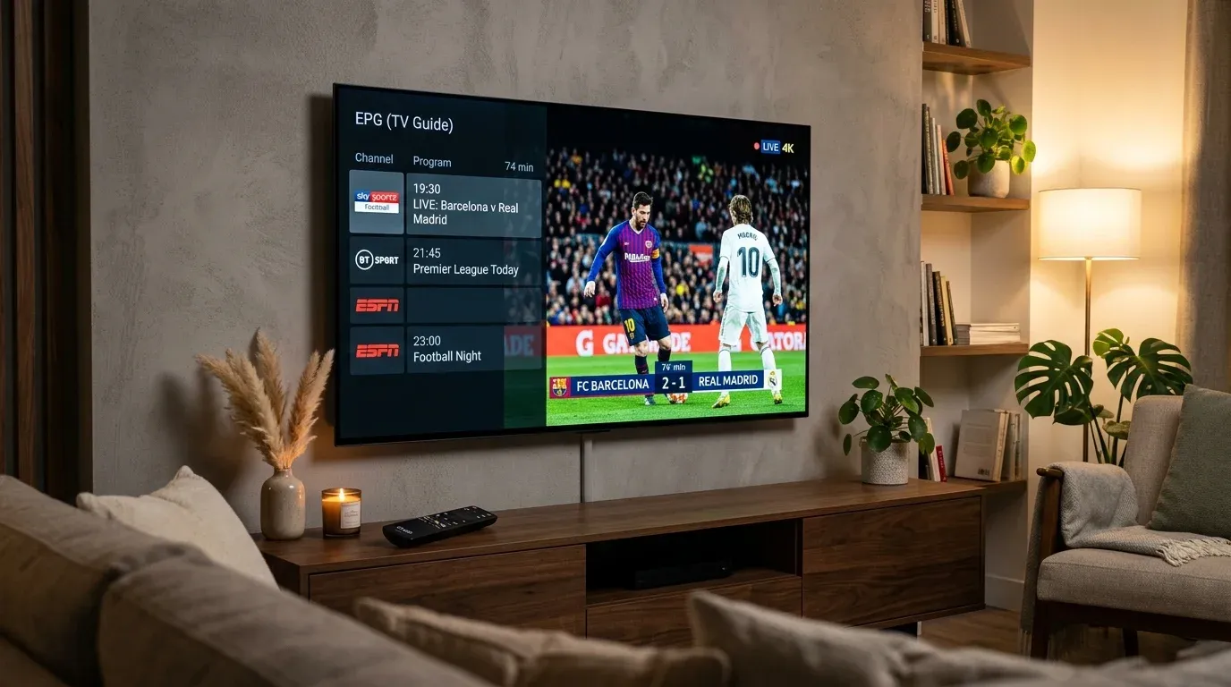 Интерфейс приложения OTT Navigator с прозрачной телепрограммой EPG и спортивным 4K каналом на экране телевизора