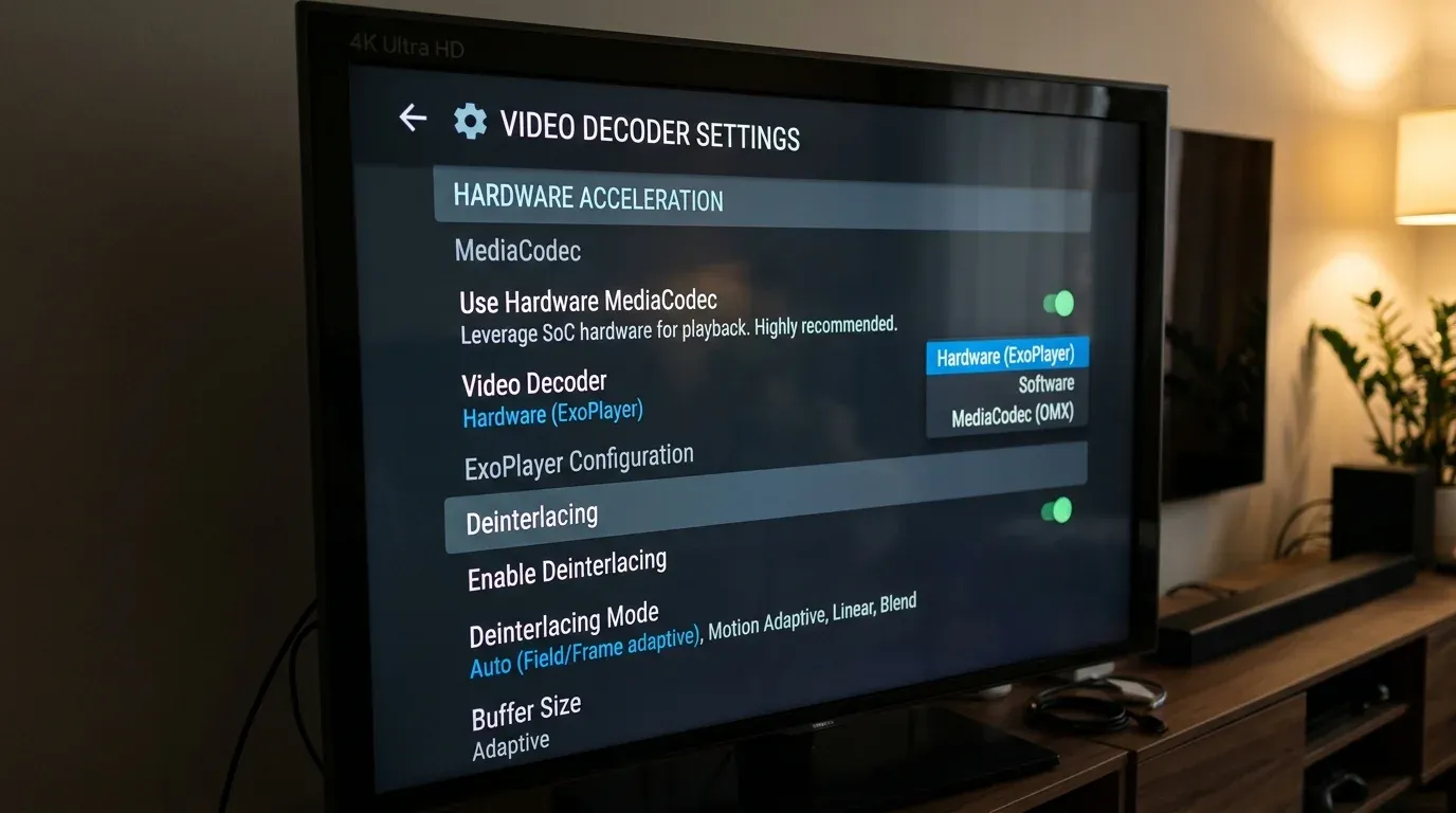 Экран настроек декодера видео и деинтерлейсинга в интерфейсе OTT Navigator на 4K телевизоре