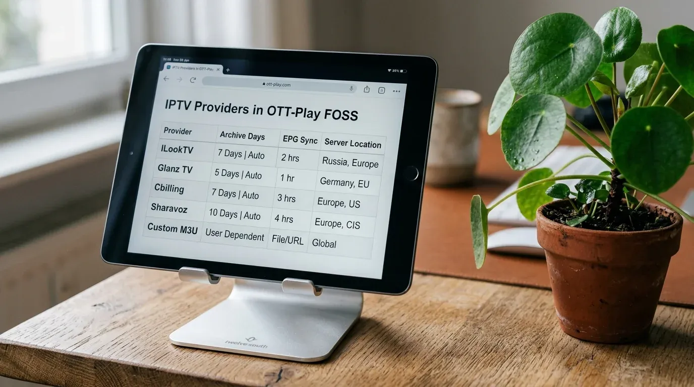 Планшет на алюминиевой подставке с таблицей поддерживаемых IPTV провайдеров в OTT-Play