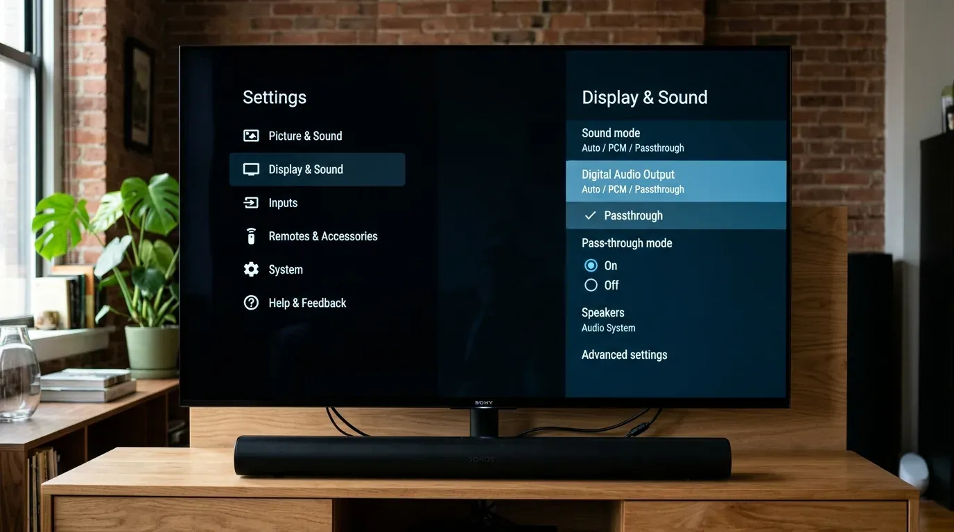 Меню настроек звука Android TV с выбранным форматом Digital Audio Output Passthrough