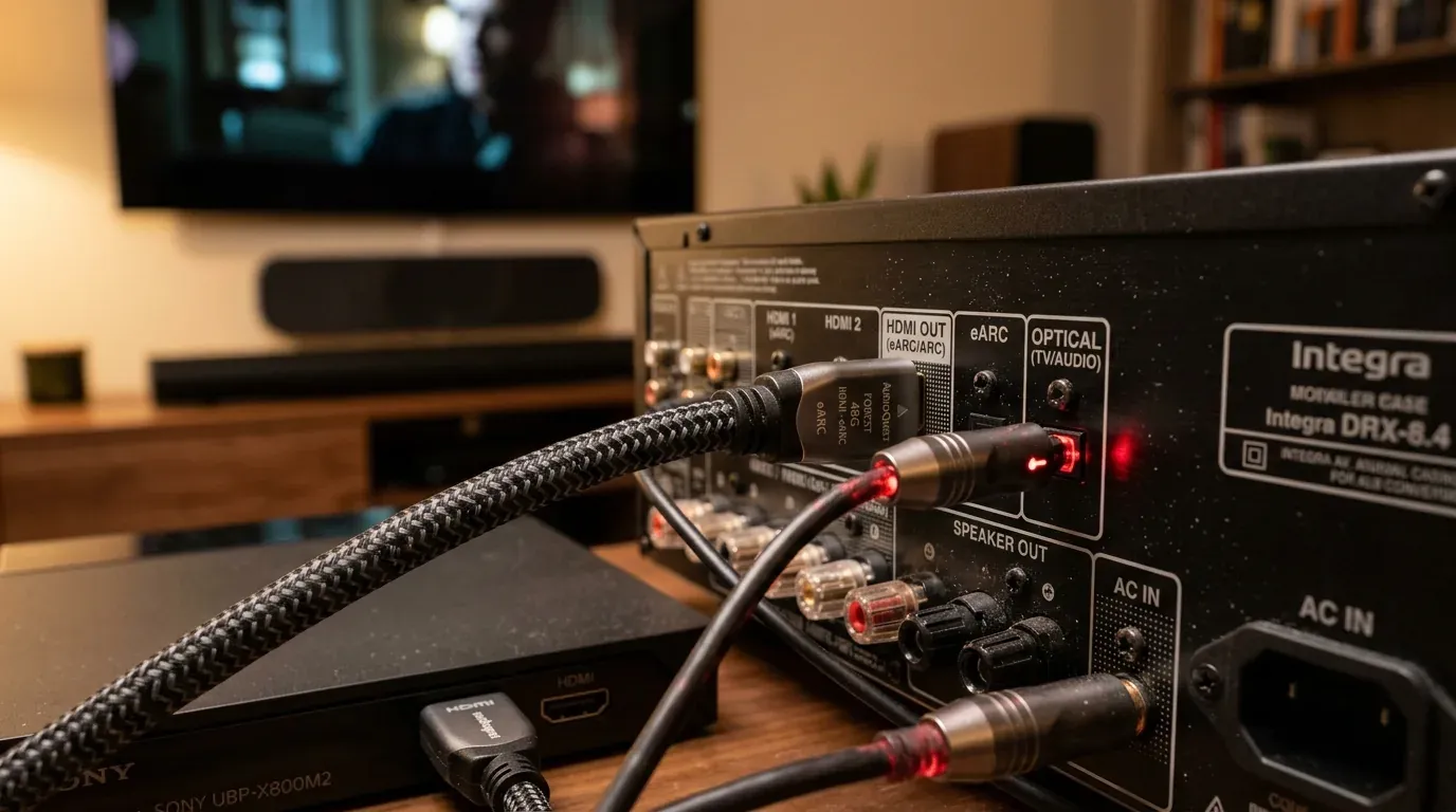 Задняя панель AV-ресивера и ТВ-приставки с подключенными кабелями HDMI eARC и оптикой Toslink