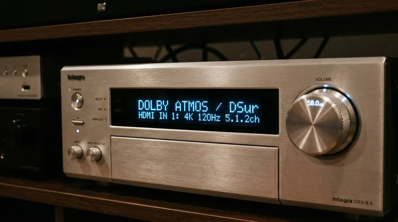 Макросъемка передней панели AV-ресивера с горящей надписью Dolby Atmos на дисплее