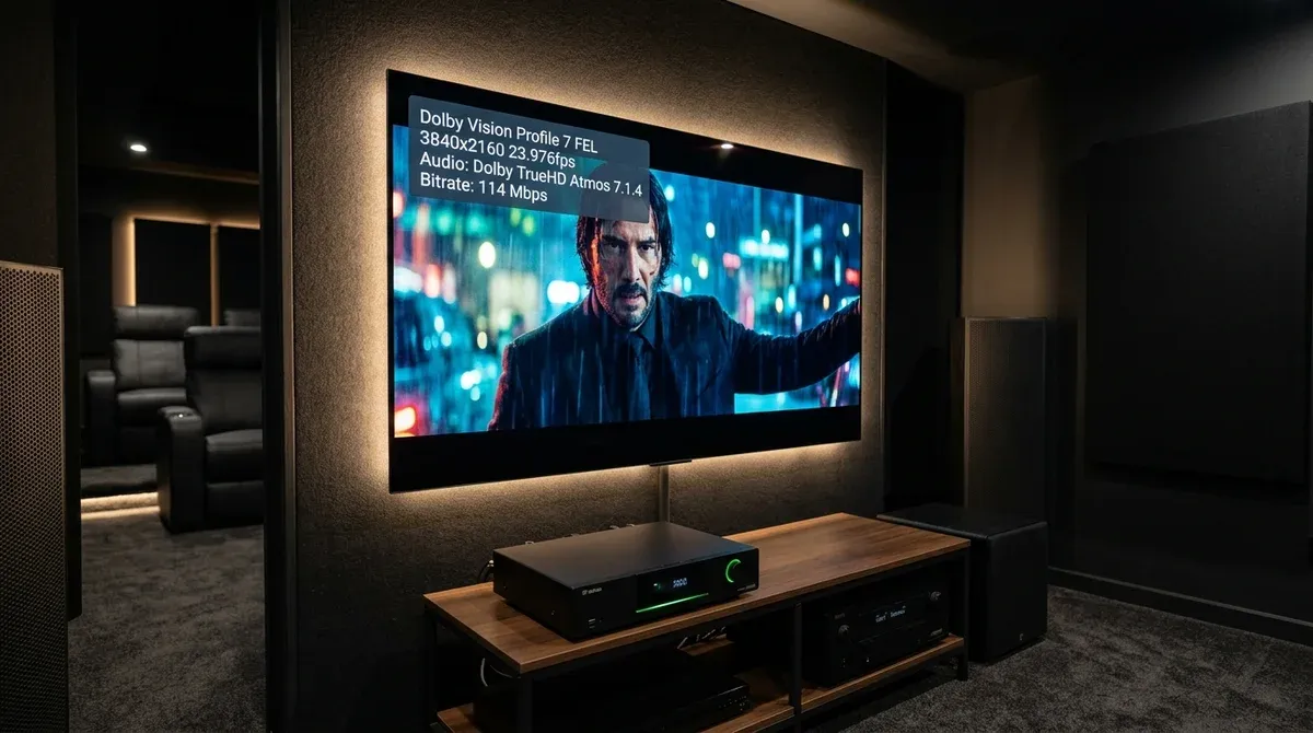 Экран 65-дюймового телевизора OLED в темном домашнем кинотеатре с оверлеем воспроизведения Dolby Vision Profile 7 FEL