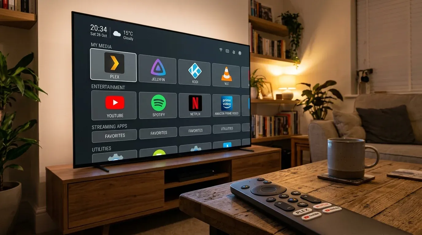 Главный экран Projectivy Launcher с пользовательскими плитками приложений на 4K телевизоре