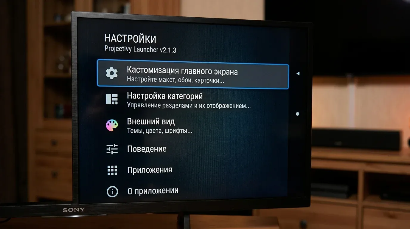 Меню настроек категорий и внешнего вида в приложении Projectivy Launcher
