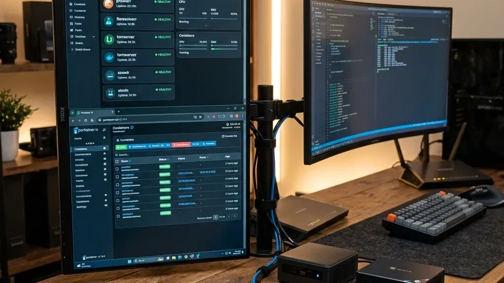 Рабочее место инженера с мини-ПК сервером и монитором, отображающим Docker-контейнеры Prowlarr и FlareSolverr