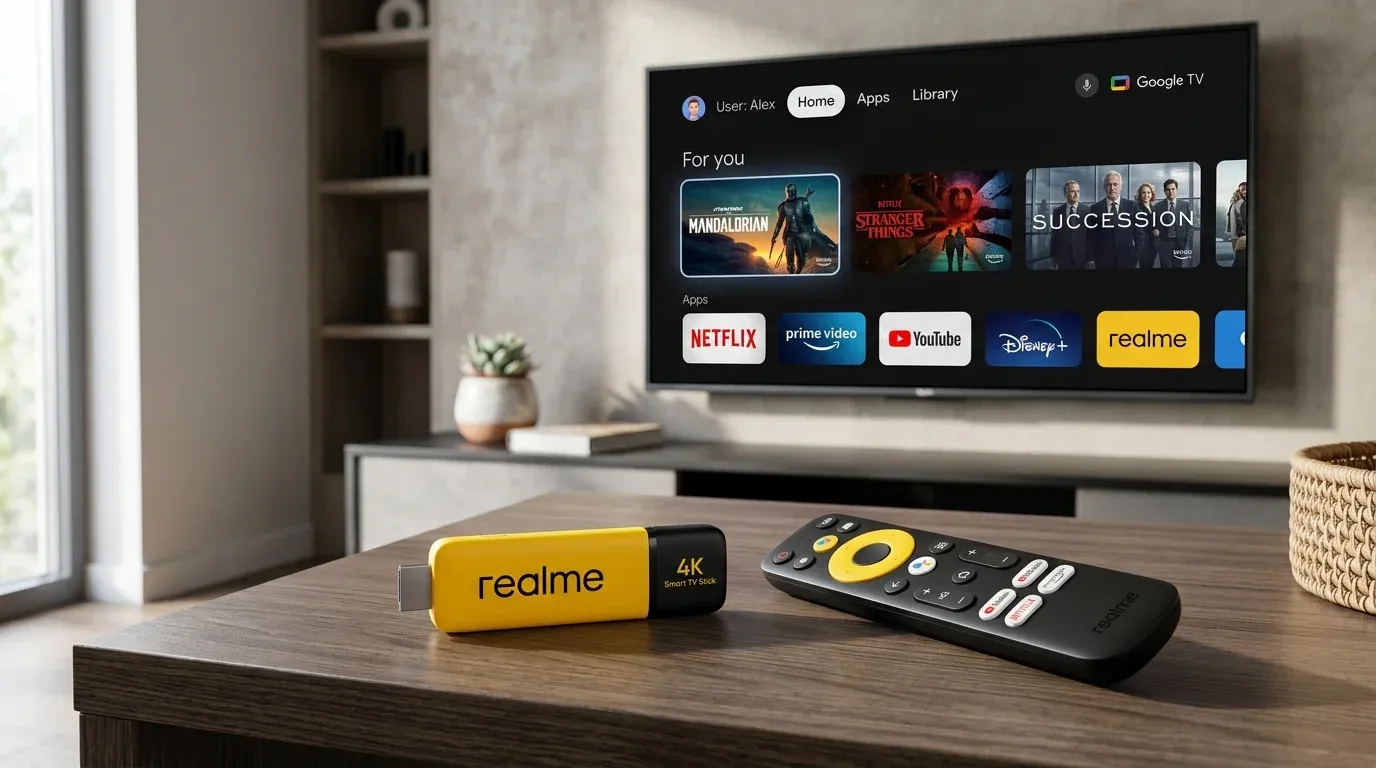 ТВ-стик Realme 4K Smart TV Stick желто-черного цвета с пультом ДУ на столике перед телевизором