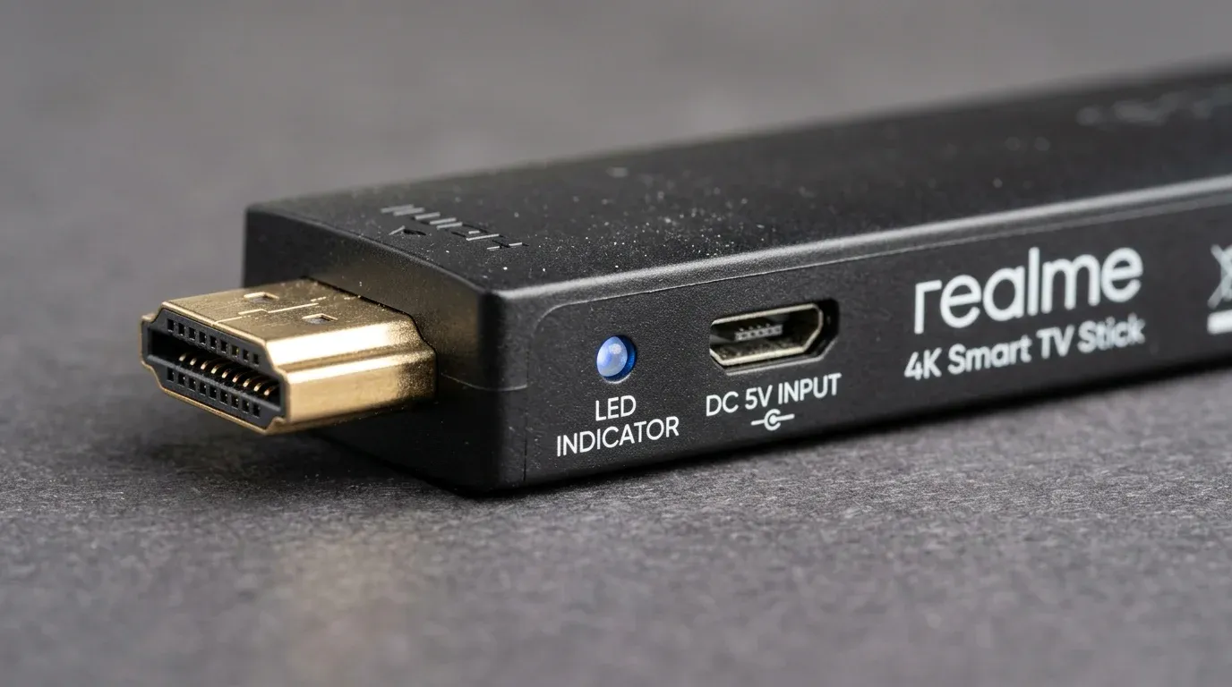 Макрофотография штекера HDMI и разъема микро-USB питания на ТВ-стике Realme 4K Stick