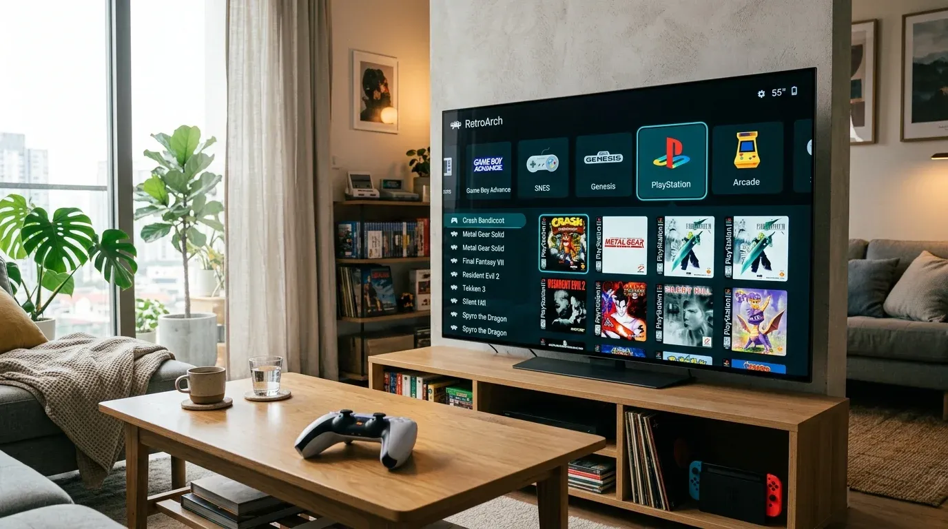 Интерфейс Ozone в эмуляторе RetroArch на экране современного Smart TV с библиотекой ретро-игр