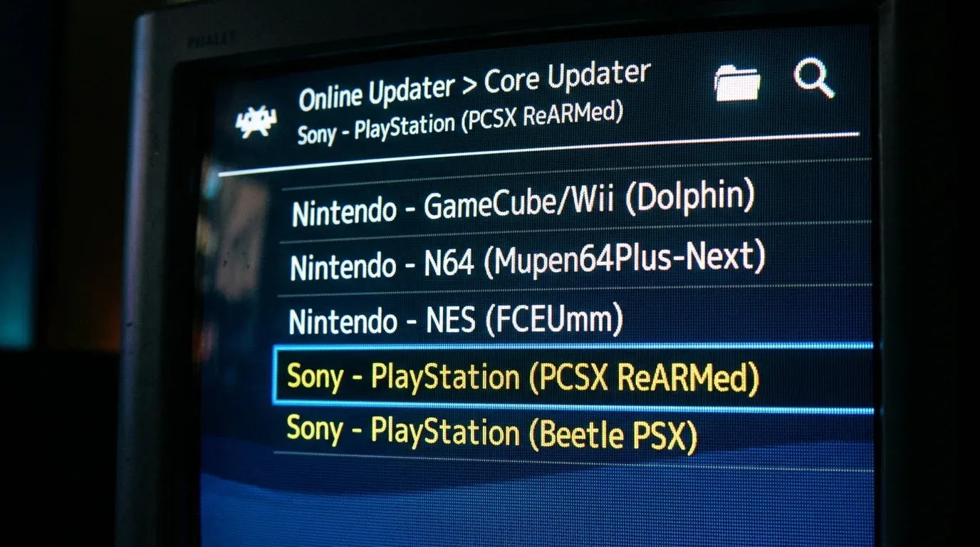 Меню Online Updater в RetroArch со списком доступных ядер эмуляции для PlayStation и Nintendo