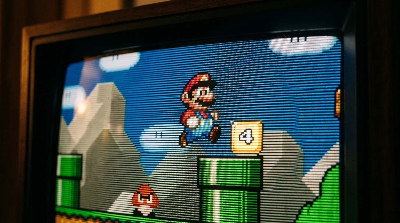Макросъемка экрана 4K телевизора с активным кинескопным фильтром CRT scanlines в игре Super Mario