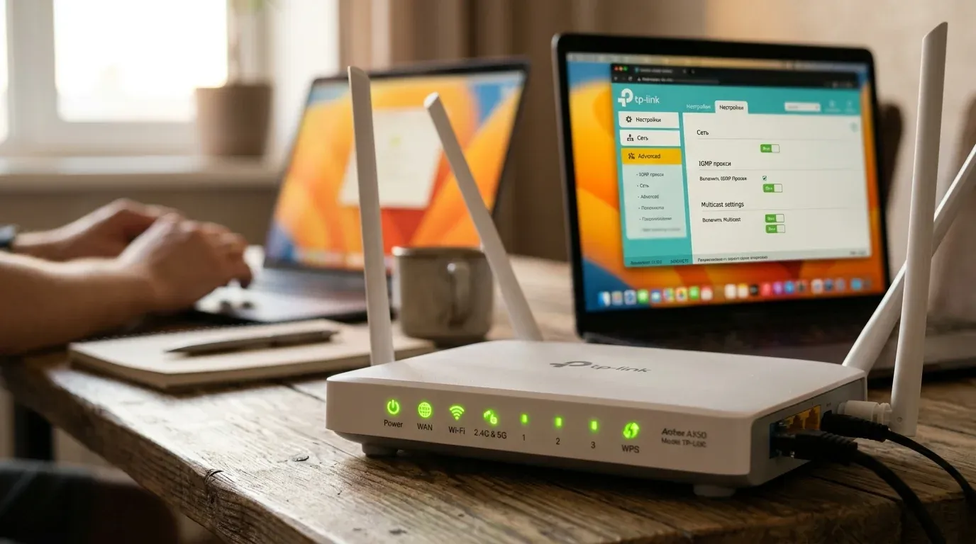 Современный Wi-Fi роутер на фоне настроек мультикаста на ноутбуке