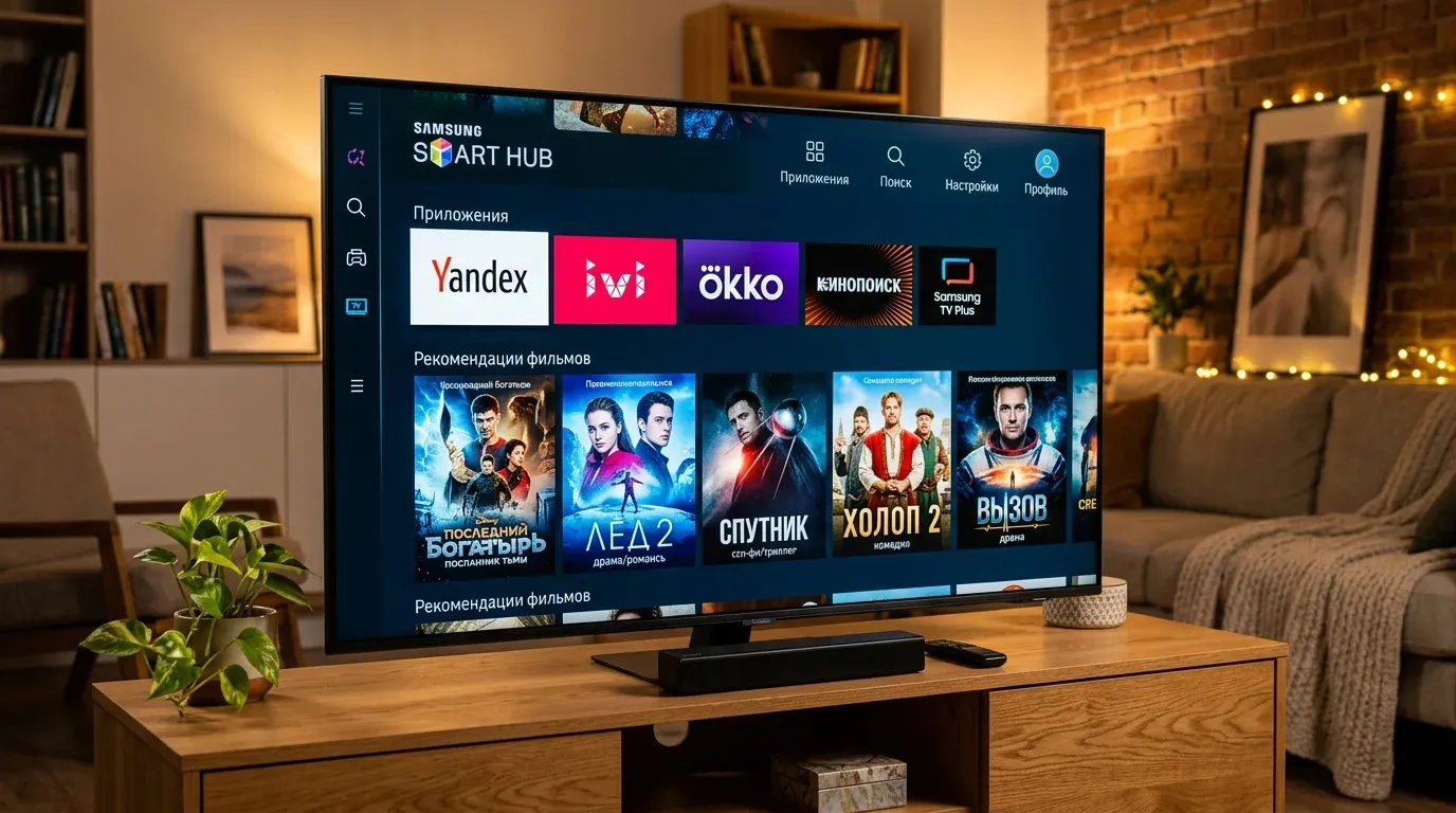 Главный экран Smart Hub на QLED телевизоре Samsung в домашнем интерьере