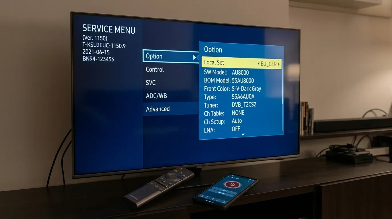 Диагностическое сервисное меню Samsung Service Menu на синем фоне с выделенным параметром Local Set EU_GER